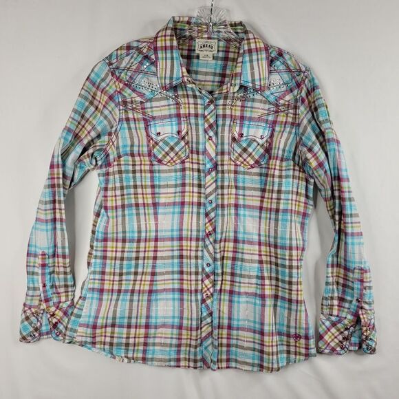 L ARIAT embroidered metallic snap plaid WESTERN RODEO PINK SILVER shirt LARGE - Picture 1 of 15